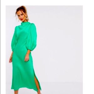 ASOS Design cowl neck satin tea midi dress w/ puff